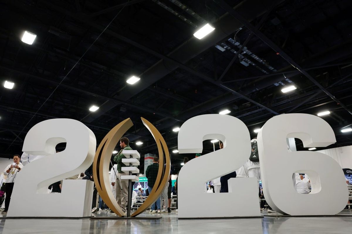 Jan 17, 2026; Miami Gardens, FL, USA; A general view of a 2026 logo during media day for the 2025 College Football Playoff National Championship at Miami Beach Convention Center. Mandatory Credit: Sam Navarro-Imagn Images