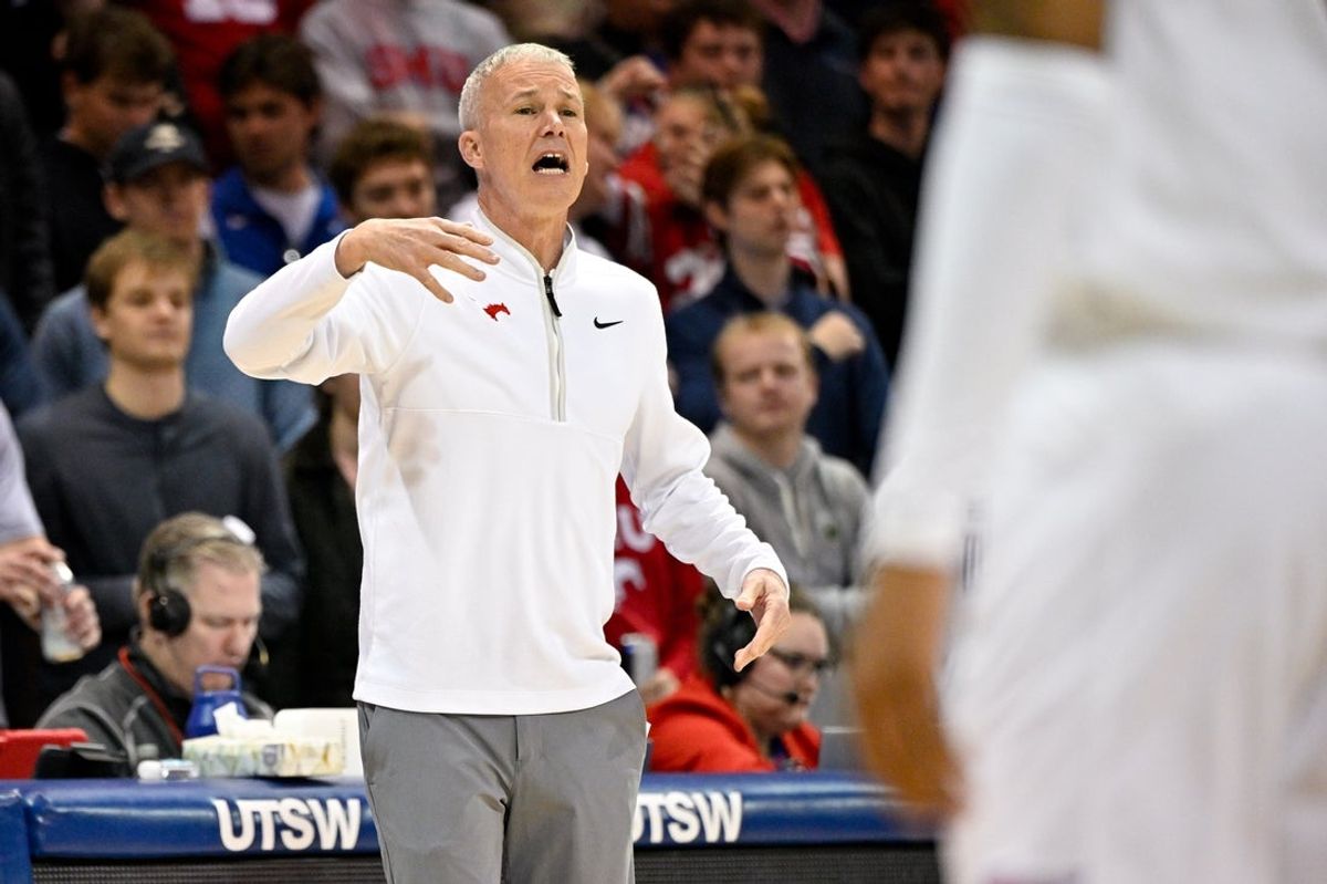 Jan 17, 2026; Dallas, Texas, USA; SMU Mustangs head coach Andy Enfield looks on during the first half against the Virginia Cavaliers at Moody Coliseum. Mandatory Credit: Jerome Miron-Imagn Images