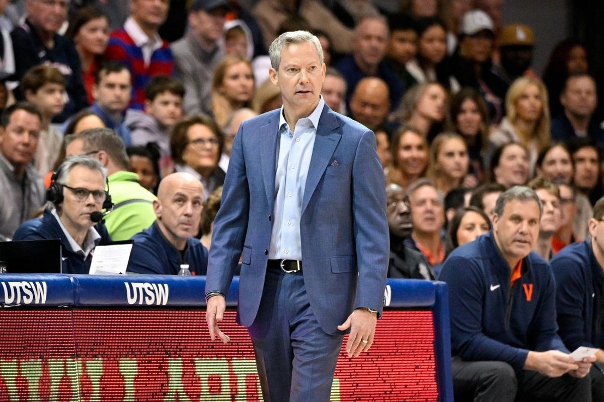 Jan 17, 2026; Dallas, Texas, USA; Virginia Cavaliers head coach Ryan Odom looks on during the first half against the SMU Mustangs at Moody Coliseum. Mandatory Credit: Jerome Miron-Imagn Images