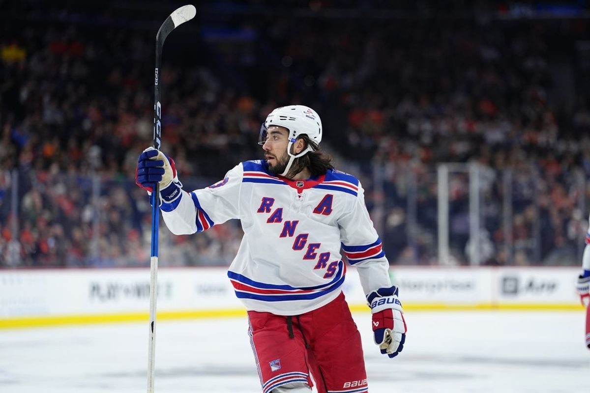 Jan 17, 2026; Philadelphia, Pennsylvania, USA; New York Rangers center Mika Zibanejad (93) reacts after scoring a goal against the Philadelphia Flyers in the first period at Xfinity Mobile Arena. Mandatory Credit: Kyle Ross-Imagn Images
