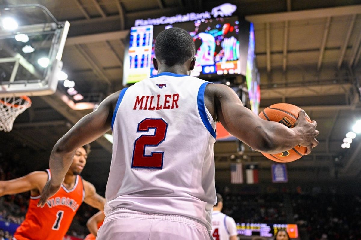Jan 17, 2026; Dallas, Texas, USA; SMU Mustangs guard Boopie Miller (2) looks to inbound the ball against the Virginia Cavaliers during the second half at Moody Coliseum. Mandatory Credit: Jerome Miron-Imagn Images