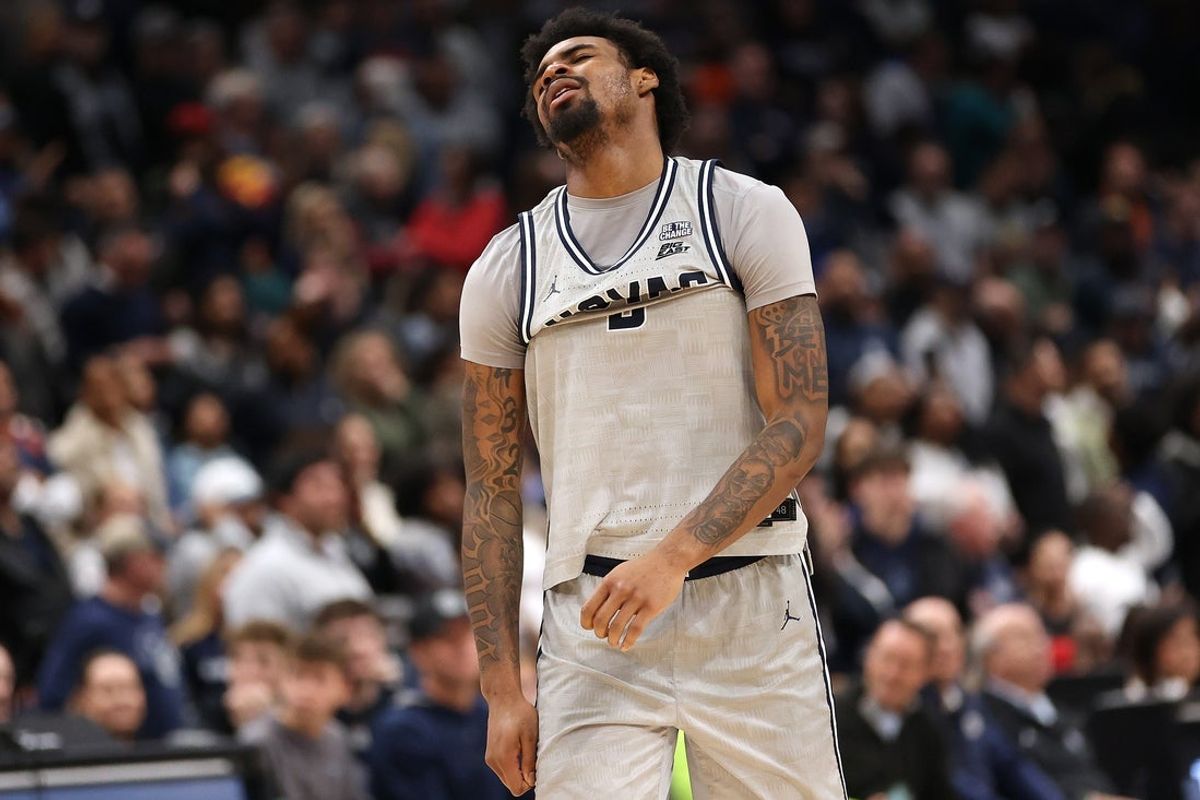 Jan 17, 2026; Washington, District of Columbia, USA; Georgetown Hoyas guard KJ Lewis (5) reacts to a missed shot during the second half against the UConn Huskies at Capital One Arena. Mandatory Credit: Daniel Kucin Jr.-Imagn Images