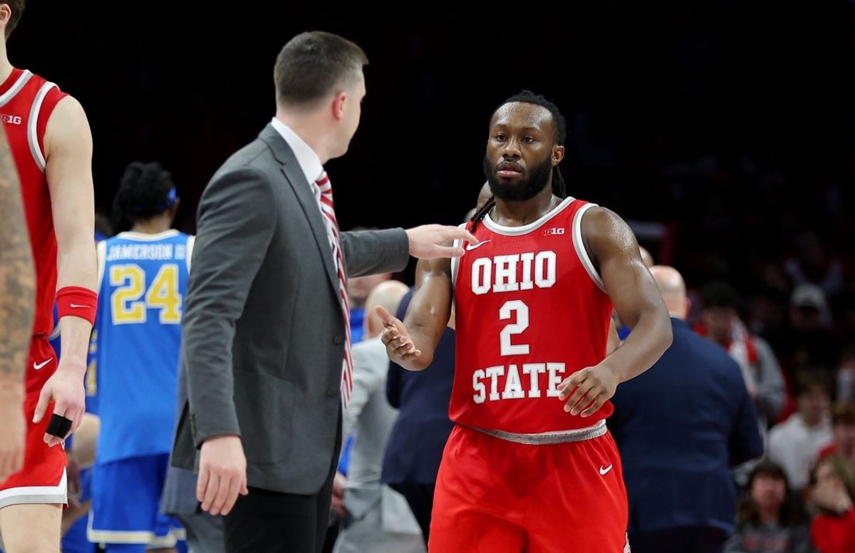 Ohio State Buckeyes guard Bruce Thornton (2) with Ohio State Buckeyes head coach Jake Diebler during the second half against the UCLA Bruins at Value City Arena. Mandatory Credit: Joseph Maiorana-Imagn Images