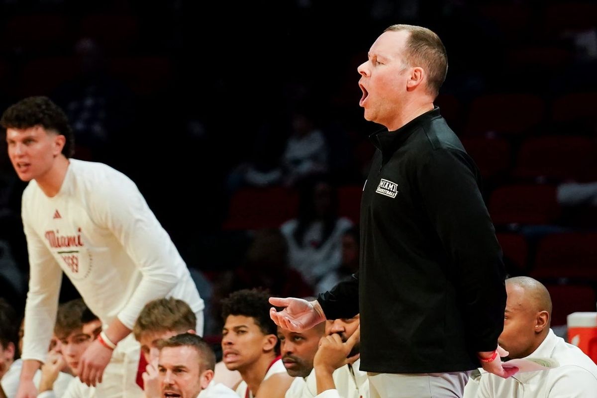 Miami (OH) RedHawks head coach Travis Steele communicates with players in the first half of a NCAA men’s basketball game between the Miami RedHawks and Buffalo Bulls, Saturday, Jan. 17, 2026, at Millett Hall in Oxford, Oh.
