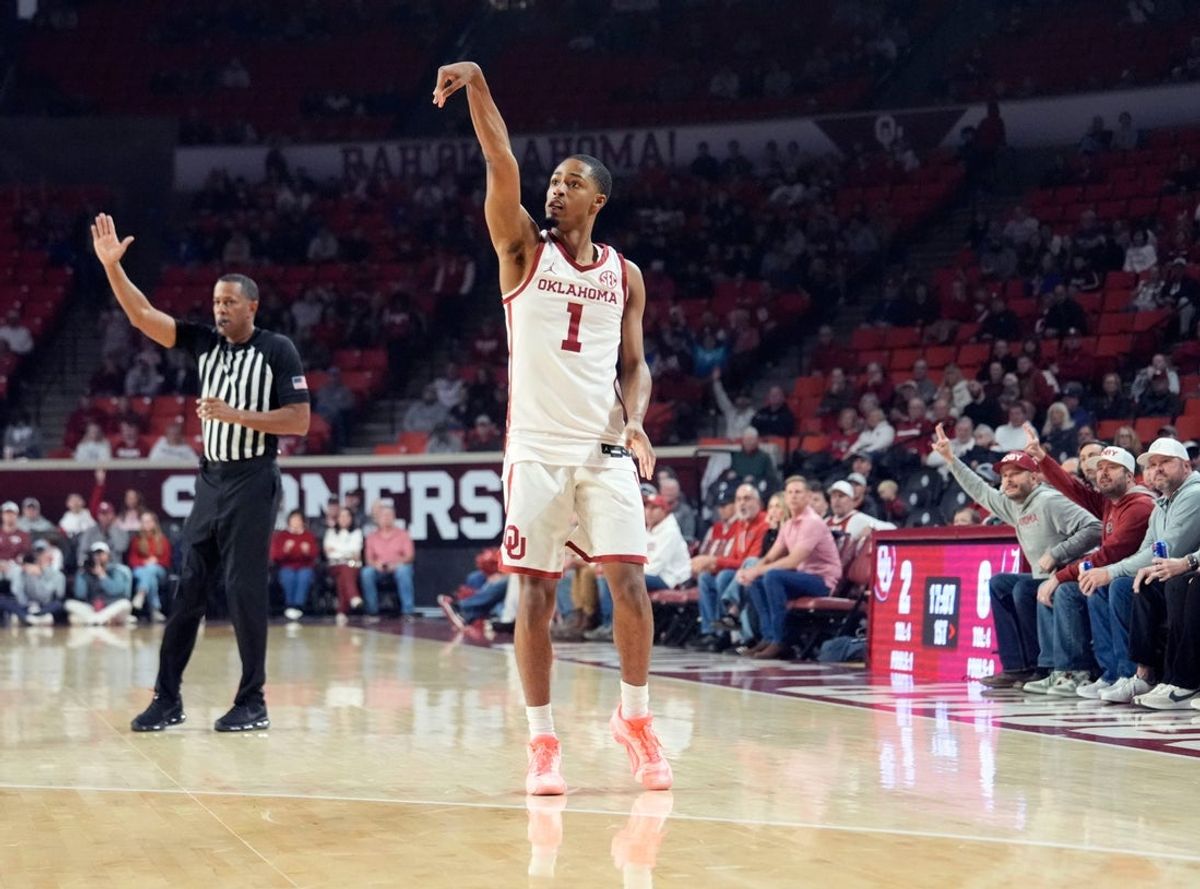 Oklahoma guard Xzayvier Brown (1) reacts after a 3-point basket in the first half of the men's college basketball game between the University of Oklahoma Sooners and the Alabama Crimson Tide, Saturday Jan. 17, 2026.