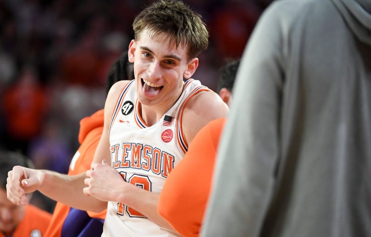 Clemson Tigers forward Jake Wahlin (10) celebrates with teammates Saturday, Jan. 17, 2026, during the NCAA men’s basketball game against the Miami Hurricanes at Littlejohn Coliseum in Clemson, South Carolina. Clemson Tigers won 69-59.