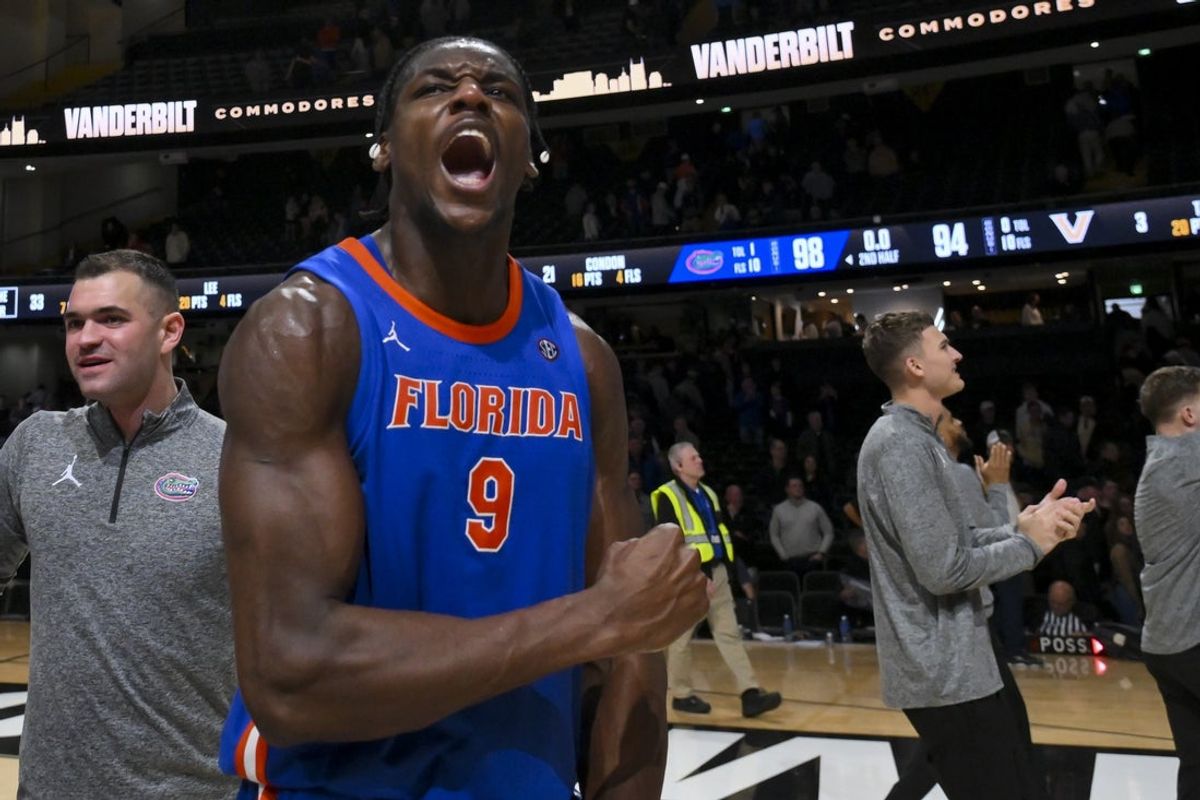 Jan 17, 2026; Nashville, Tennessee, USA;  Florida Gators center Rueben Chinyelu (9) celebrates the win against the Vanderbilt Commodores during the second half at Memorial Gymnasium. Mandatory Credit: Steve Roberts-Imagn Images