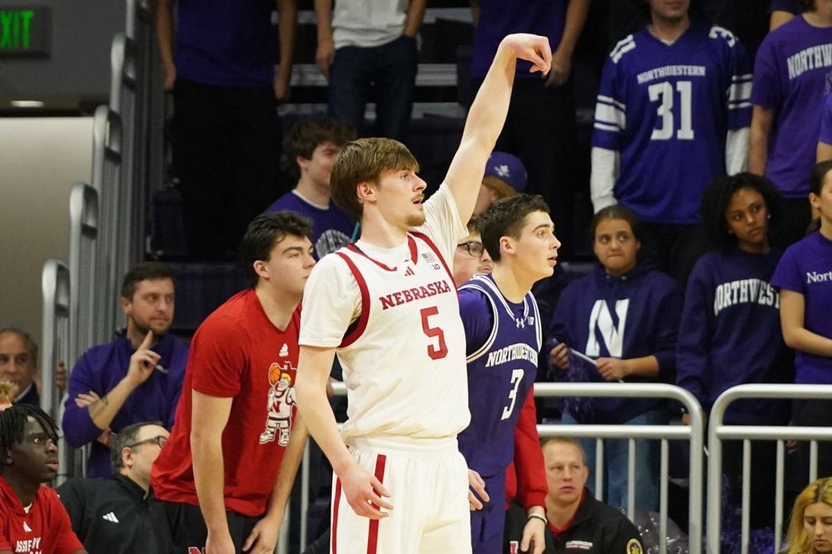 Jan 17, 2026; Evanston, Illinois, USA; Nebraska Cornhuskers forward Braden Frager (5) gestures after making a three point basket during the second half at Welsh-Ryan Arena. Mandatory Credit: David Banks-Imagn Images