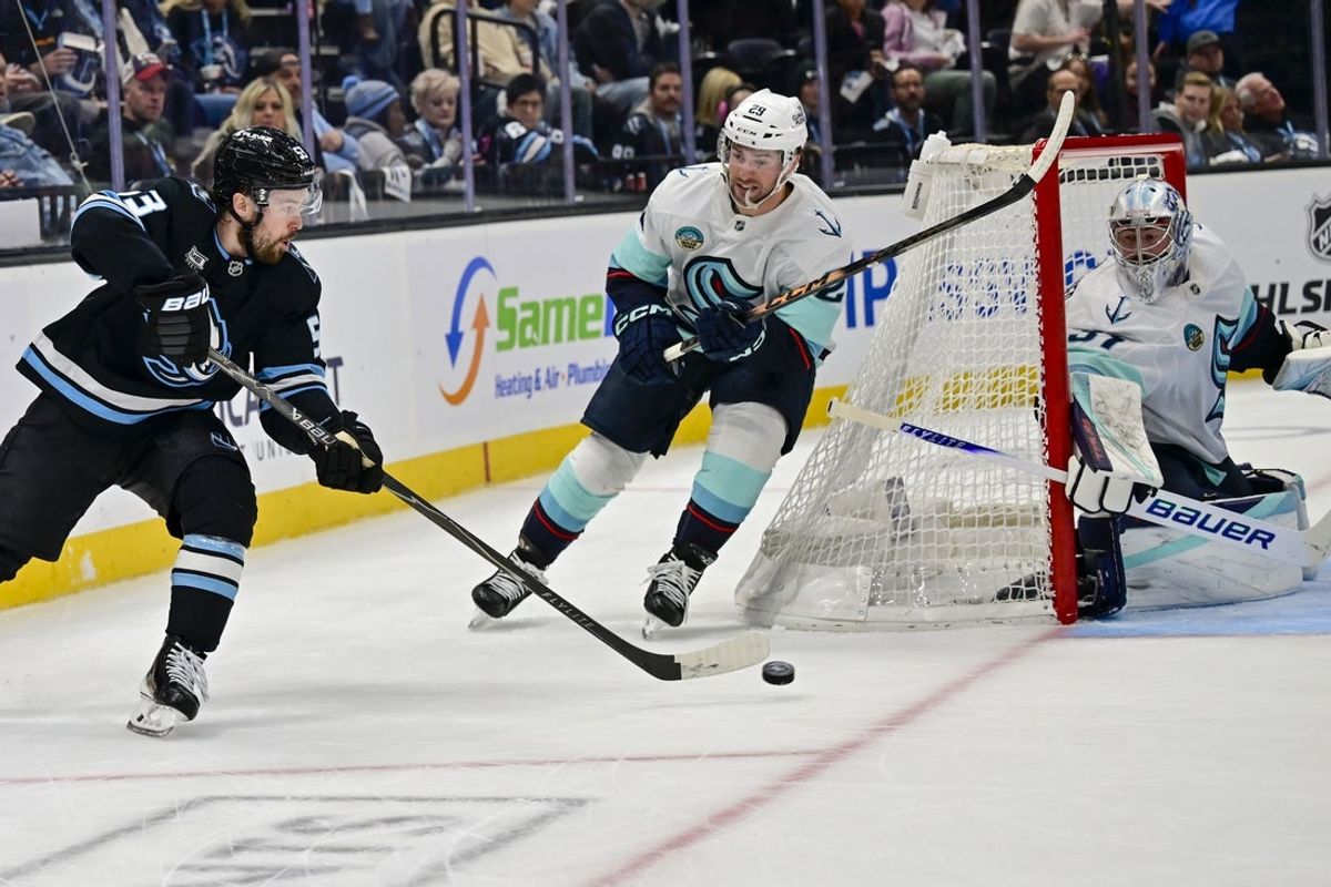Jan 17, 2026; Salt Lake City, Utah, USA; Utah Mammoth left wing Michael Carcone (53) takes a shot on goal during the second period against the Seattle Kraken at Delta Center. Mandatory Credit: Peter Creveling-Imagn Images