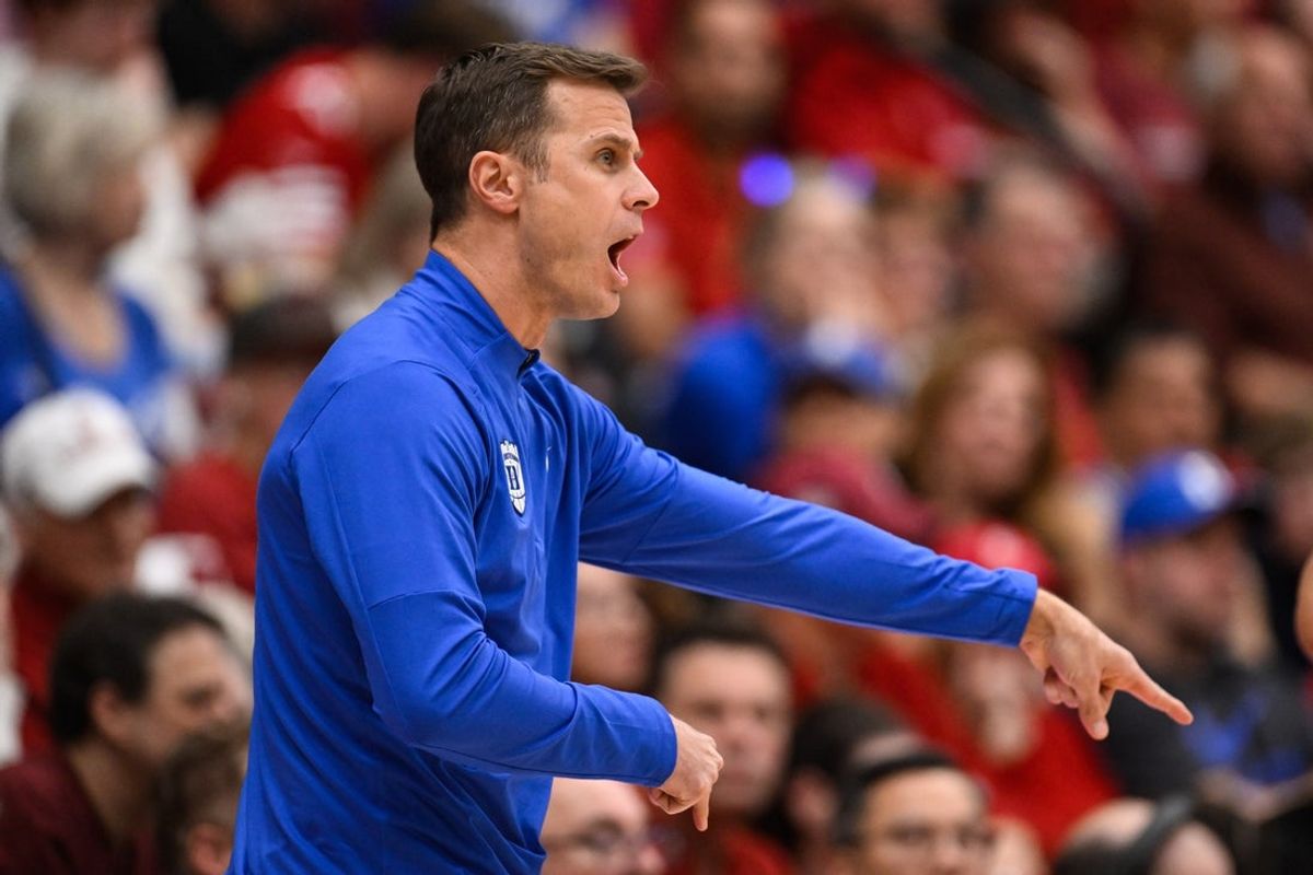 Jan 17, 2026; Stanford, California, USA; Duke Blue Devils head coach Jon Scheyer reacts against the Stanford Cardinal in the first half at Maples Pavilion. Mandatory Credit: Eakin Howard-Imagn Images