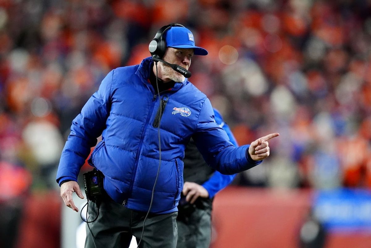 Jan 17, 2026; Denver, CO, USA; Buffalo Bills head coach Sean McDermott during overtime of an AFC Divisional Round playoff game at Empower Field against the Denver Broncos at Mile High. Mandatory Credit: Ron Chenoy-Imagn Images