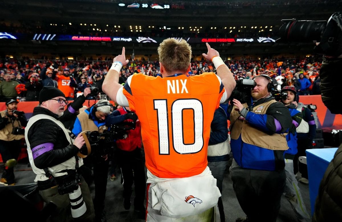 Jan 17, 2026; Denver, CO, USA; Denver Broncos quarterback Bo Nix (10) celebrates after winning an AFC Divisional Round playoff game against the Buffalo Bills at Empower Field at Mile High. Mandatory Credit: Ron Chenoy-Imagn Images