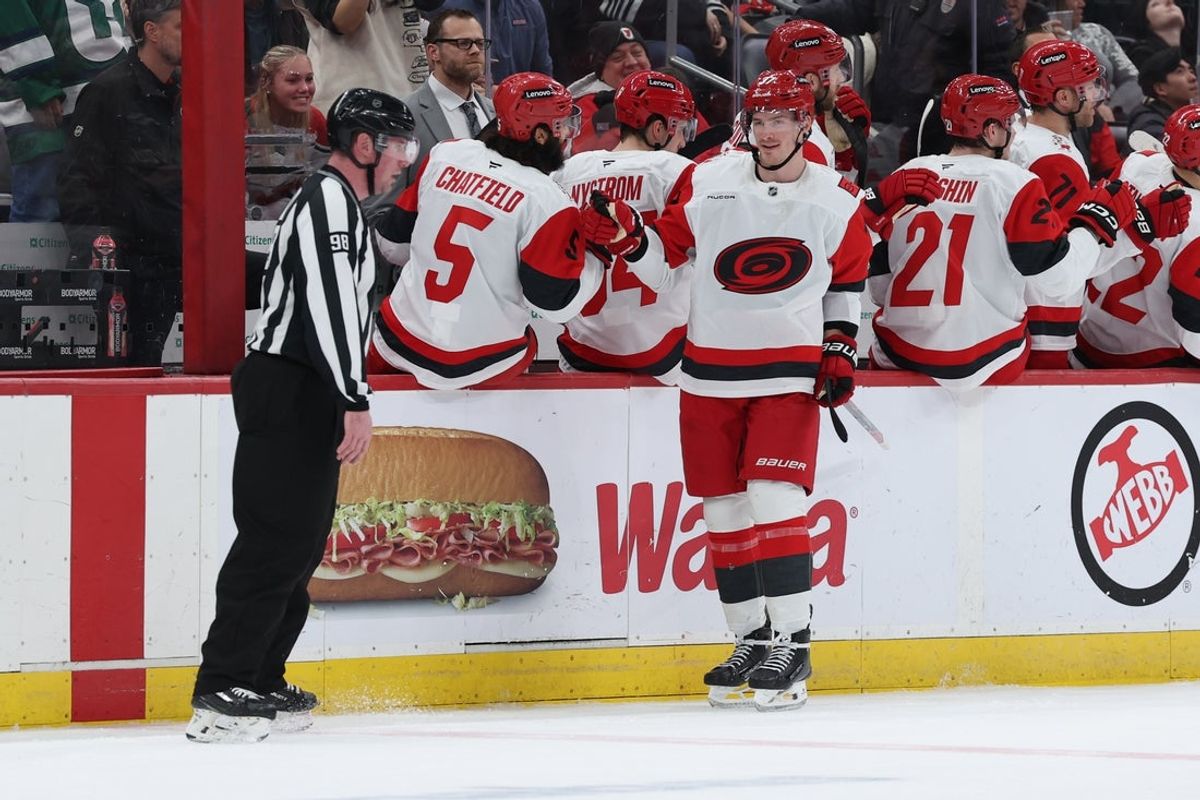 Jan 17, 2026; Newark, New Jersey, USA;  Carolina Hurricanes right wing Andrei Svechnikov (37) celebrates with teammates after scoring a second goal against the New Jersey Devils during the second period at Prudential Center. Mandatory Credit: Thomas Salus-Imagn Images