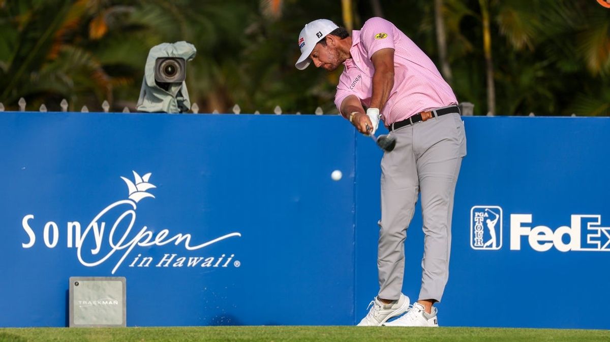 Jan 17, 2026; Honolulu, Hawaii, USA; Davis Riley drives on the 15th tee during the third round of the Sony Open in Hawaii. Mandatory Credit: Marco Garcia-Imagn Images