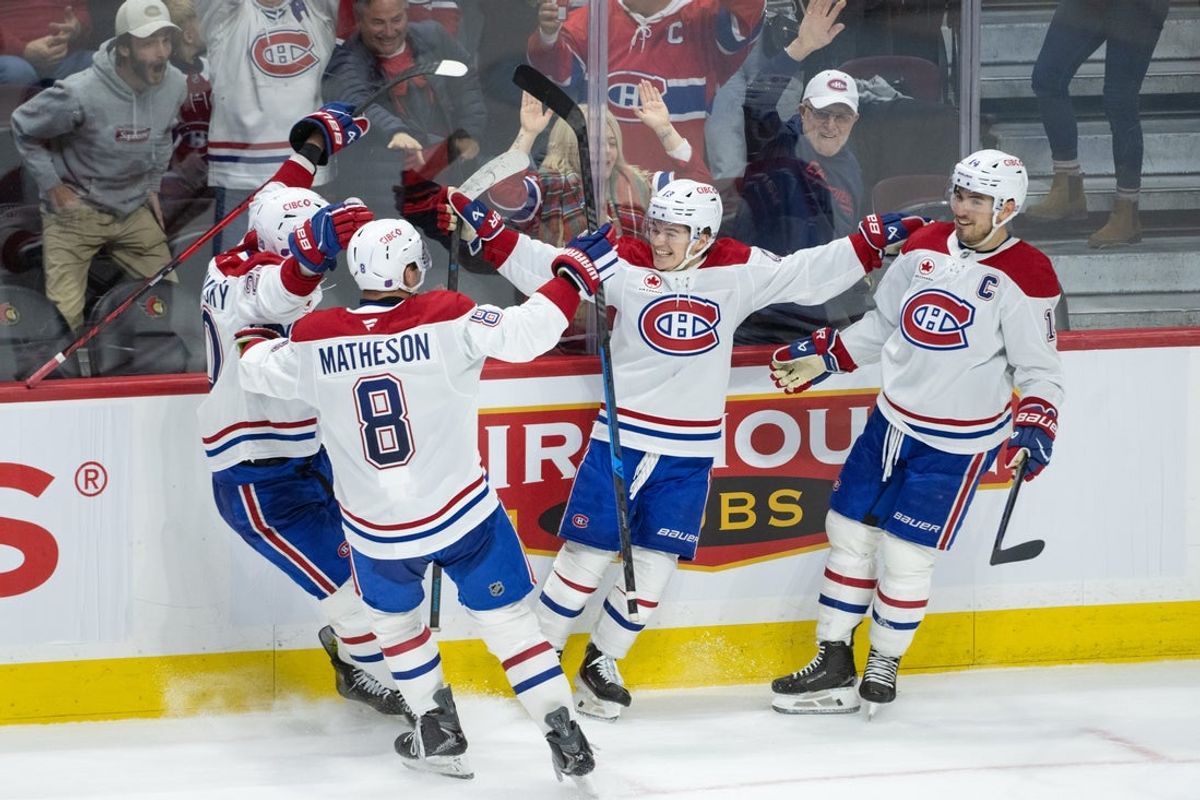 Jan 17, 2026; Ottawa, Ontario, CAN; Montreal Canadiens right wing Cole Caufield (13) celebrates with teammates after scoring the game winning overtime goal against the Ottawa Senators at the Canadian Tire Centre. Mandatory Credit: Marc DesRosiers-IMAGN Images