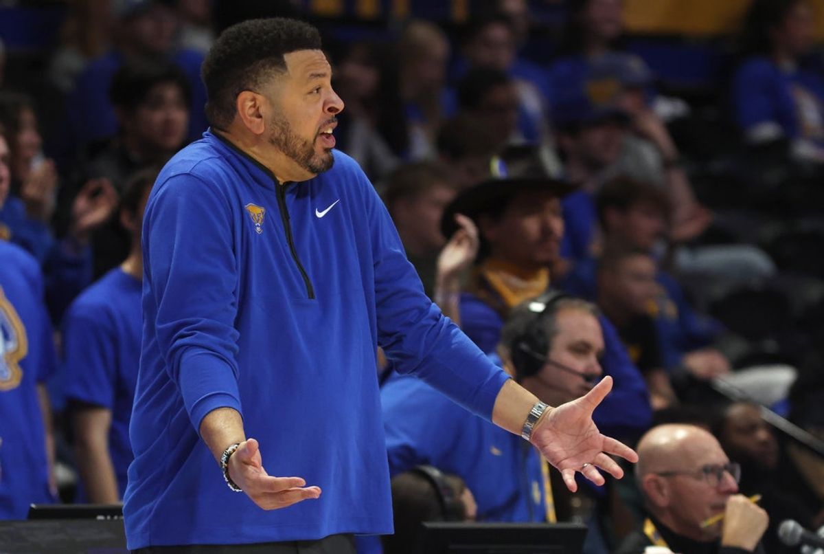 Jan 17, 2026; Pittsburgh, Pennsylvania, USA; Pittsburgh Panthers head coach Jeff Capel reacts against the Louisville Cardinals during the second half at the Petersen Events Center. Mandatory Credit: Charles LeClaire-Imagn Images