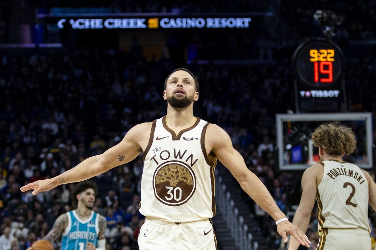 Jan 17, 2026; San Francisco, California, USA; Golden State Warriors guard Stephen Curry (30) reacts during the fourth quarter against the Charlotte Hornets at Chase Center. Mandatory Credit: John Hefti-Imagn Images