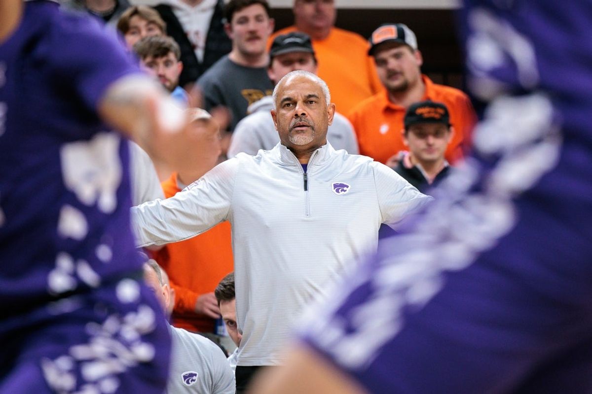 Jan 17, 2026; Stillwater, Oklahoma, USA; Kansas State Wildcats coach Jerome Tang watches game play during the first half against the Oklahoma State Cowboys at Gallagher-Iba Arena. Mandatory Credit: William Purnell-Imagn Images