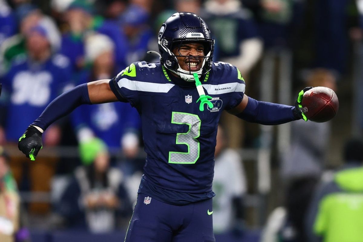 Jan 17, 2026; Seattle, WA, USA; Seattle Seahawks safety Nick Emmanwori (3) reacts after a fumble recovery against the San Francisco 49ers during the second half in an NFC Divisional Round game at Lumen Field. Mandatory Credit: Kevin Ng-Imagn Images