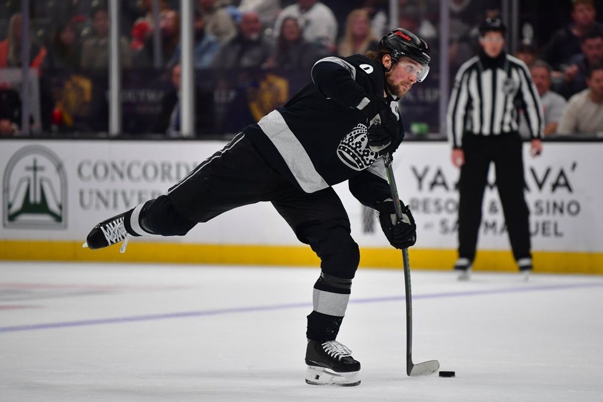 Jan 17, 2026; Anaheim, California, USA; Los Angeles Kings right wing Adrian Kempe (9) shoots on goal against the Anaheim Ducks during the third period at Honda Center. Mandatory Credit: Gary A. Vasquez-Imagn Images
