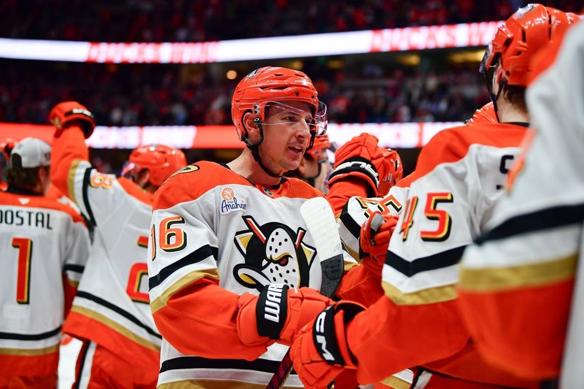 Jan 17, 2026; Anaheim, California, USA; Anaheim Ducks and center Ryan Strome (16) celebrate the overtime victory against the Los Angeles Kings  at Honda Center. Mandatory Credit: Gary A. Vasquez-Imagn Images
