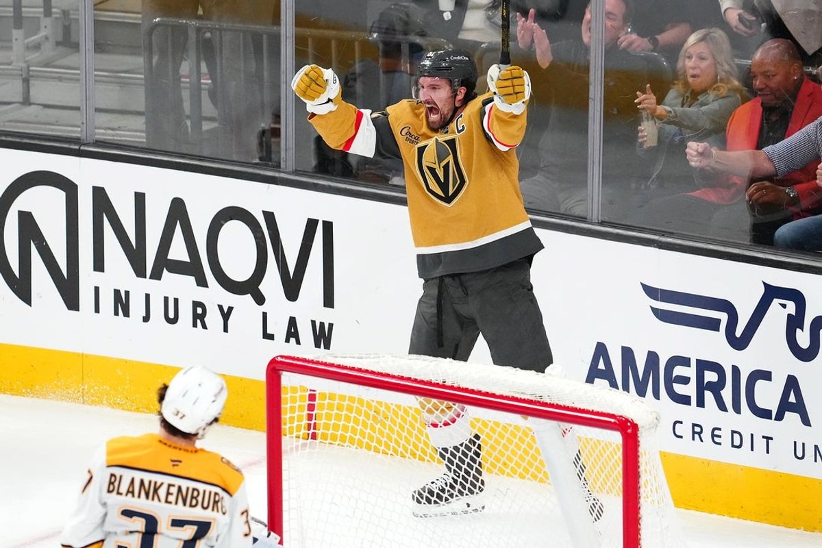 Jan 17, 2026; Las Vegas, Nevada, USA; Vegas Golden Knights right wing Mark Stone (61) celebrates after scoring a goal against the Nashville Predators during the third period at T-Mobile Arena. Mandatory Credit: Stephen R. Sylvanie-Imagn Images