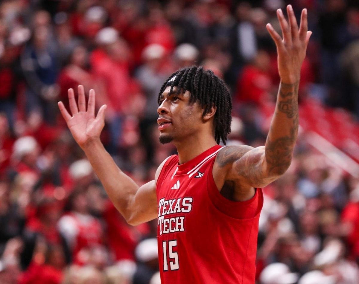 Texas Tech's JT Toppin encourages the crowd during a Big 12 Conference men's basketball game, Saturday, Jan. 17, 2026, in United Supermarkets Arena.
