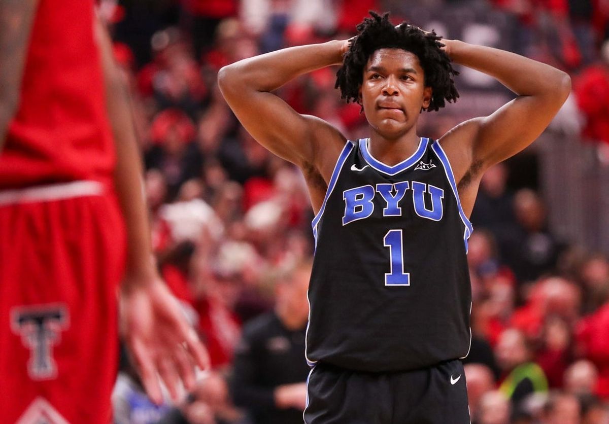 BYU's Robert Wright III looks on during a Big 12 Conference men's basketball game, Saturday, Jan. 17, 2026, in United Supermarkets Arena.