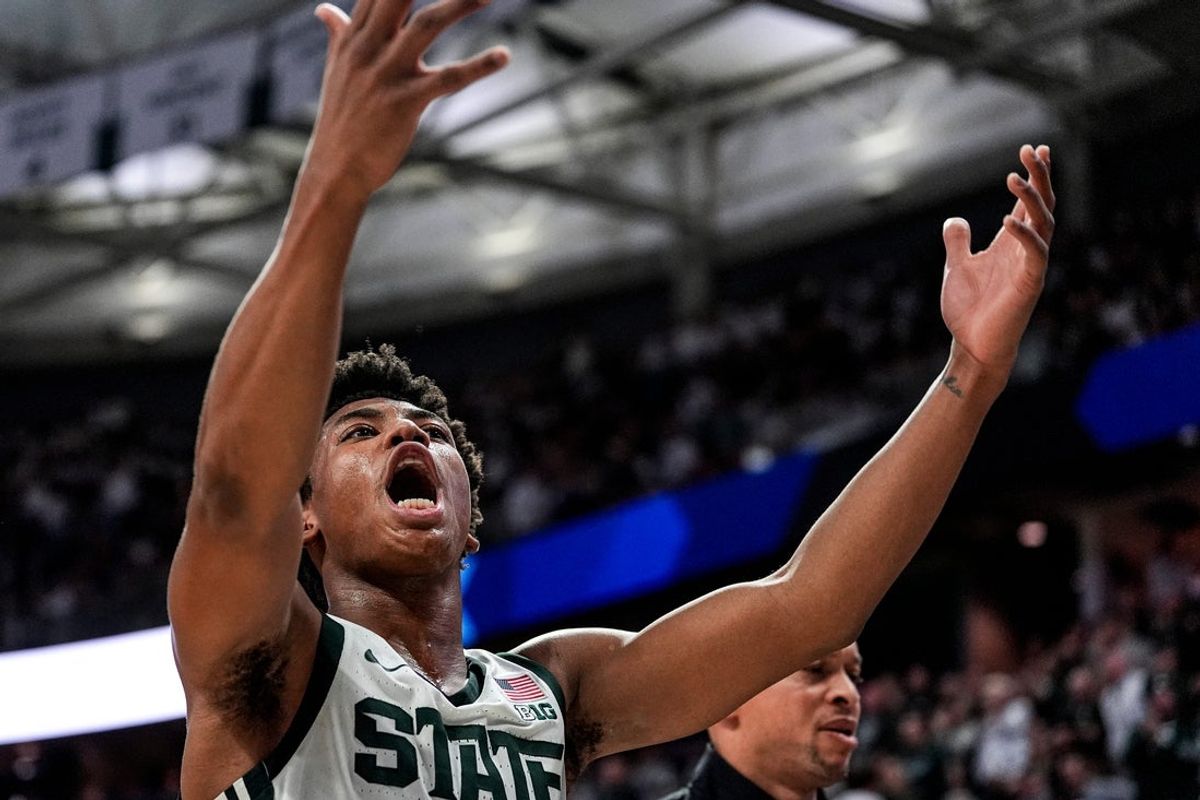 Michigan State guard Jeremy Fears Jr. (1) cheers on at halftime as he exits the court at Breslin Center in East Lansing on Tuesday, Jan. 13, 2026.