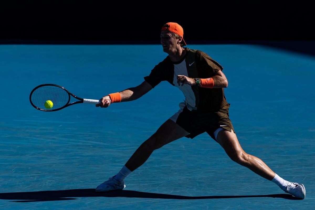 Jan 18, 2026; Melbourne, Victoria, Australia; Sebastian Korda of United States in action against Michael Zheng of United States in the first round of the men’s singles at the Australian Open at Kia Arena in Melbourne Park. Mandatory Credit: Mike Frey-Imagn Images