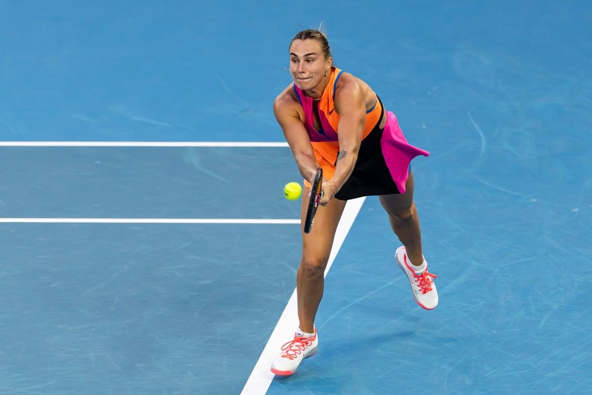 Jan 18, 2026; Melbourne, Victoria, Australia; Aryna Sabalenka in action against Tiantsoa Rakotomanga Rajaonah of France in the first round of the women’s singles at the Australian Open at Rod Laver Arena in Melbourne Park. Mandatory Credit: Mike Frey-Imagn Images