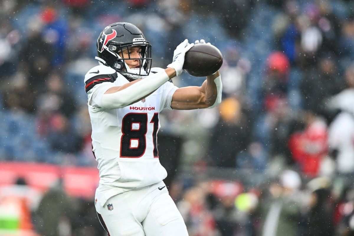 Jan 18, 2026; Foxborough, MA, USA; Houston Texans wide receiver Jayden Higgins (81) warms up before an AFC Divisional Round game against the New England Patriots at Gillette Stadium. Mandatory Credit: Brian Fluharty-Imagn Images