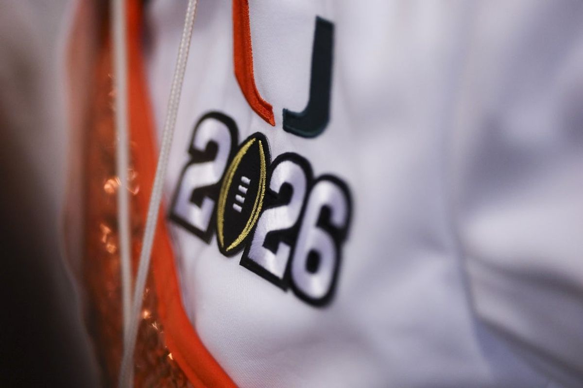 Jan 18, 2026; Miami, FL, USA;  a view of the Miami Hurricanes band uniform with the 2026 College Football Playoffs logo before the College Football National Championship game against the Indiana Hoosiers in Miami Florida. Mandatory Credit: Nathan Ray Seebeck-Imagn Images