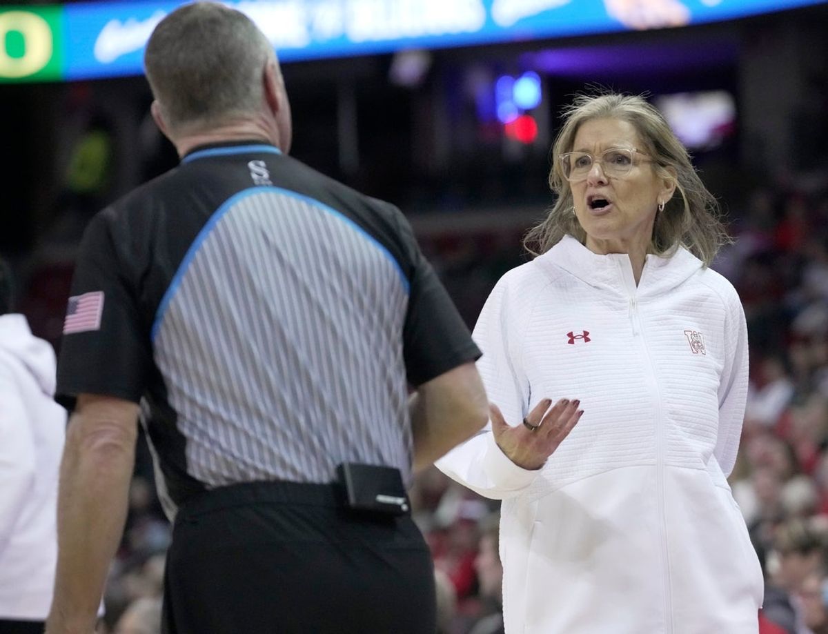 Wisconsin head coach Robin Pingeton question a call during the second half of their game Sunday, January 18, 2026 at the Kohl Center in Madison, Wisconsin. Wisconsin beat Oregon 94-92 in double overtime.