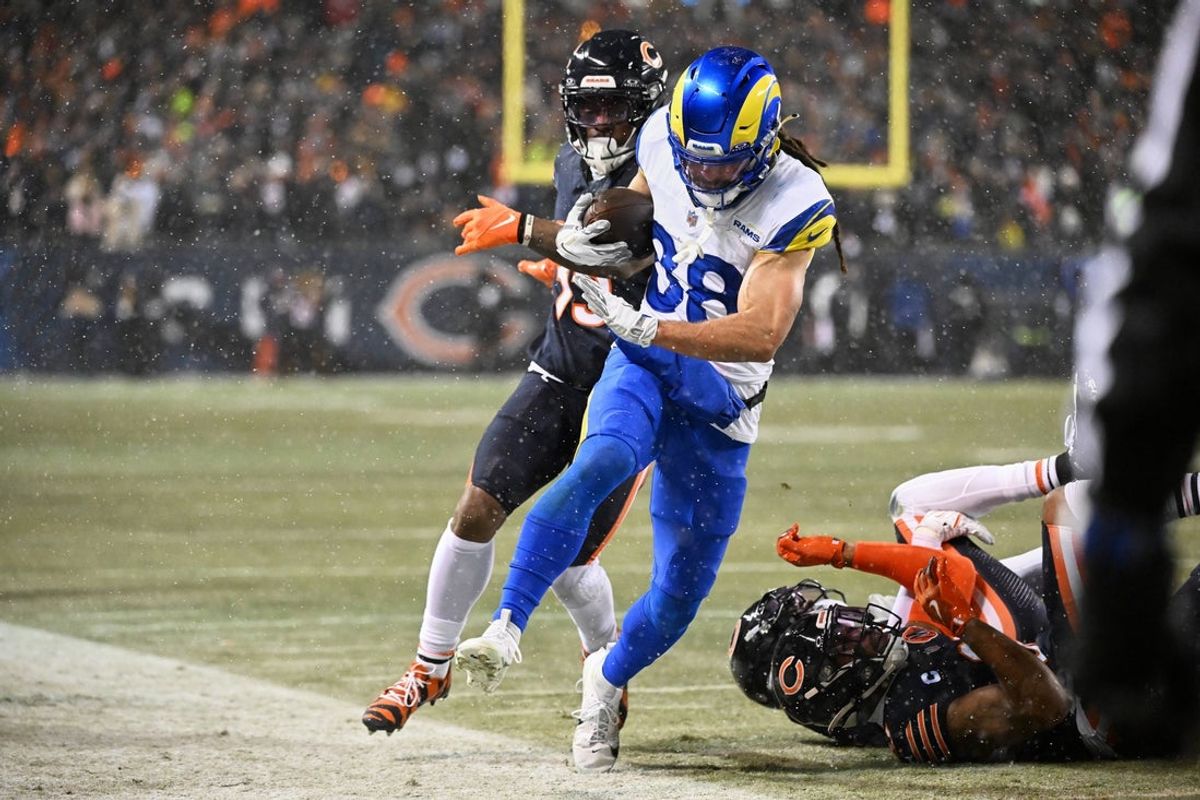 Jan 18, 2026; Chicago, IL, USA; Los Angeles Rams wide receiver Jordan Whittington (88) steps out of bounds after catching a pass against the Chicago Bears during the first quarter of an NFC Divisional Round game at Soldier Field. Mandatory Credit: Matt Marton-Imagn Images