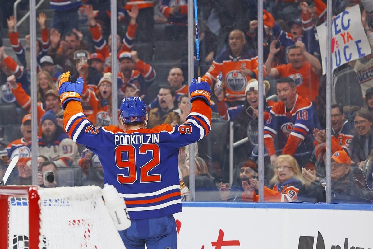 Jan 18, 2026; Edmonton, Alberta, CAN;  Edmonton Oilers forward Vasily Podkolzin (92) celebrates after scoring during the third period against the St. Louis Blues atRogers Place. Mandatory Credit: Perry Nelson-Imagn Images