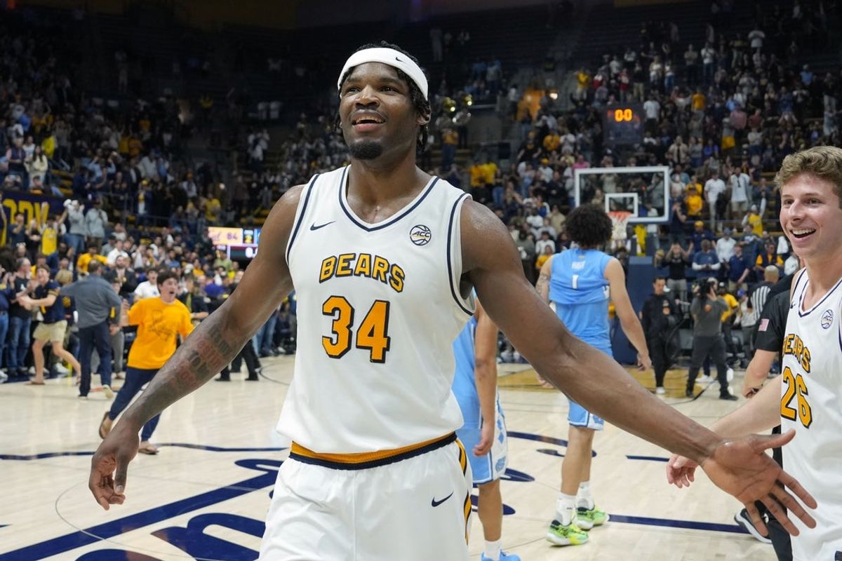 Jan 17, 2026; Berkeley, California, USA; California Golden Bears forward Lee Dort (34) celebrates after defeating the North Carolina Tar Heels at Haas Pavilion. Mandatory Credit: Darren Yamashita-Imagn Images