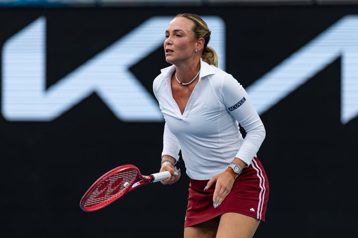 Jan 19, 2026; Melbourne, Victoria, Australia; Donna Vekic of Croatia in action against Mirra Andreeva in the first round of the women’s singles at the Australian Open at Margaret Court Arena in Melbourne Park. Mandatory Credit: Mike Frey-Imagn Images