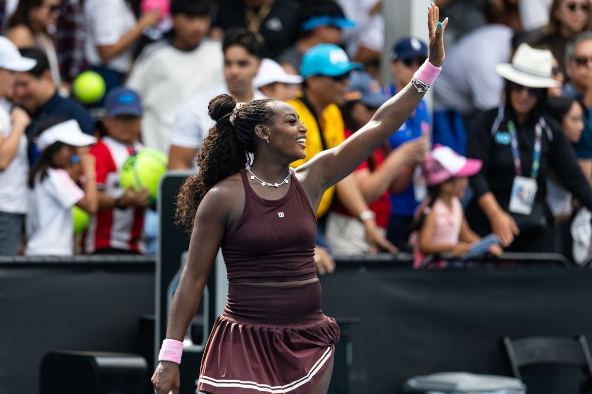 Jan 19, 2026; Melbourne, Victoria, Australia; Alycia Parks of United States celebrates her victory over Alexandra Eala of Philippines in the first round of the women’s singles at the Australian Open at Melbourne Park. Mandatory Credit: Mike Frey-Imagn Images