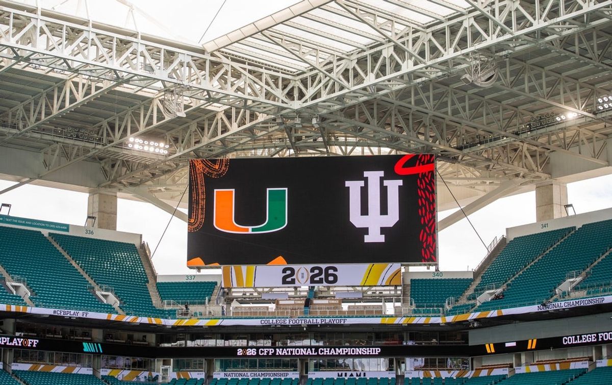 The scorebaord inside the stadium before the College Football Playoff National Championship college football game at Hard Rock Stadium in Miami Gardens on Monday, Jan. 19, 2026,