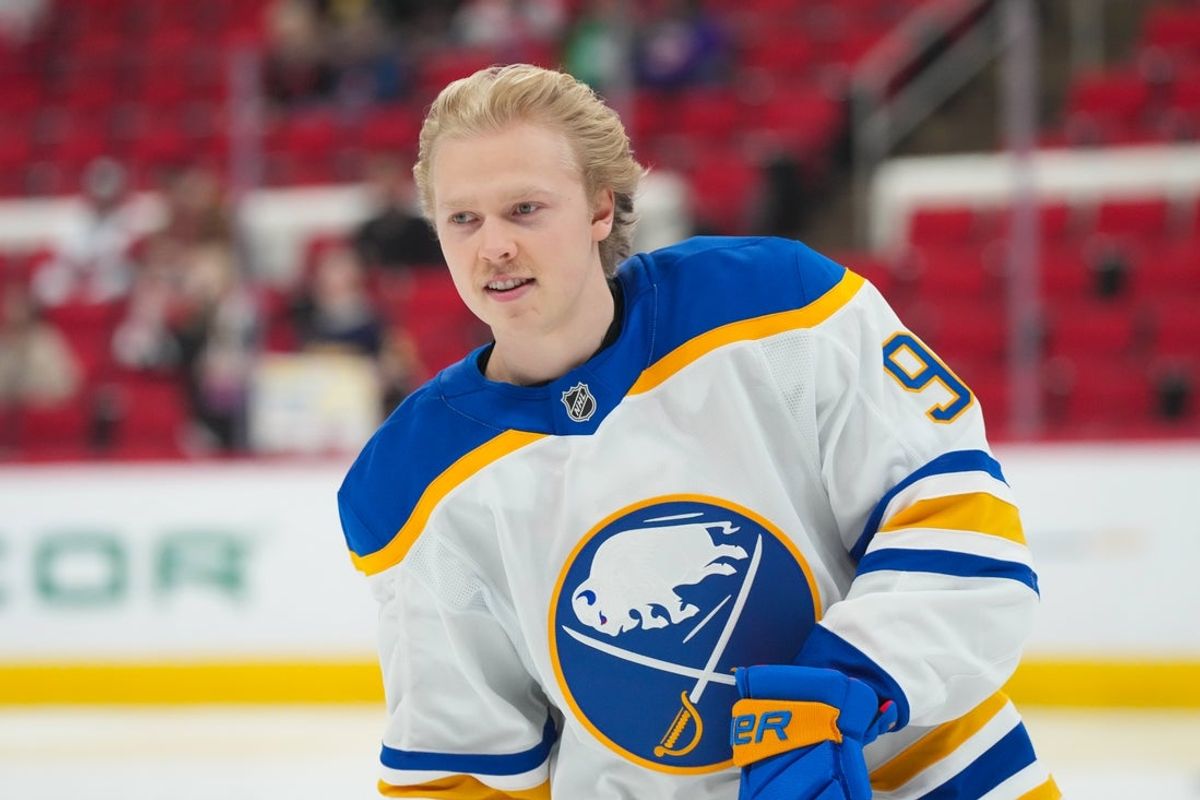Jan 19, 2026; Raleigh, North Carolina, USA;  Buffalo Sabres center Konsta Helenius (94) skates the rookie lap before his first NHL game during the warmups before the game against the Carolina Hurricanes at Lenovo Center. Mandatory Credit: James Guillory-Imagn Images