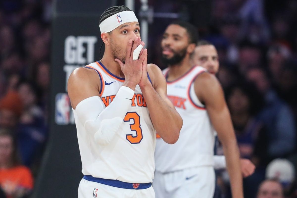 Jan 19, 2026; New York, New York, USA;  New York Knicks guard Josh Hart (3) reacts after a call in the first quarter against the Dallas Mavericks at Madison Square Garden. Mandatory Credit: Wendell Cruz-Imagn Images