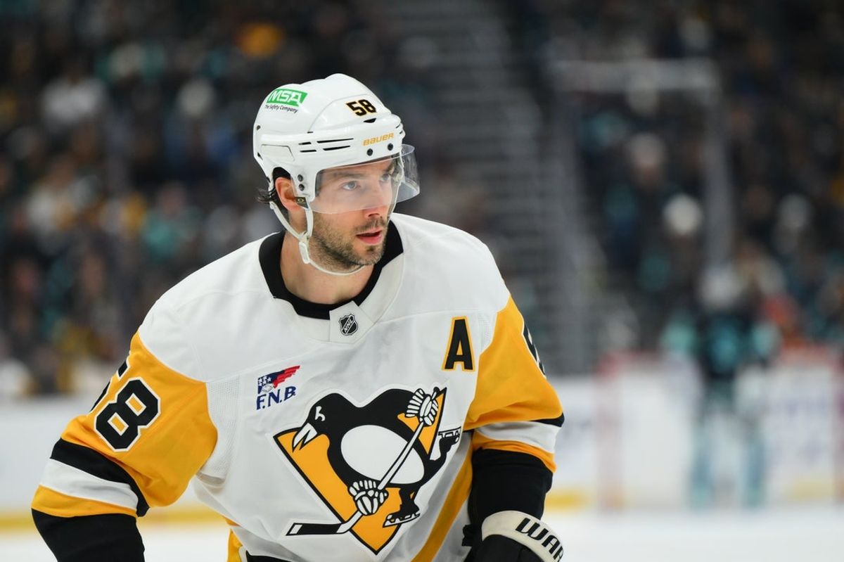 Jan 19, 2026; Seattle, Washington, USA; Pittsburgh Penguins defenseman Kris Letang (58) during the third period against the Seattle Kraken at Climate Pledge Arena. Mandatory Credit: Steven Bisig-Imagn Images