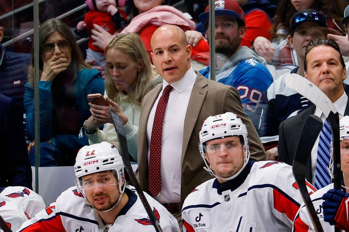 Jan 19, 2026; Denver, Colorado, USA; Washington Capitals head coach Spencer Carbery looks on in the second period against the Colorado Avalanche at Ball Arena. Mandatory Credit: Isaiah J. Downing-Imagn Images