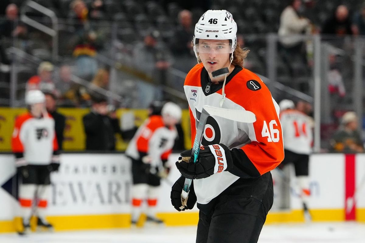 Jan 19, 2026; Las Vegas, Nevada, USA; Philadelphia Flyers center Trevor Zegras (46) warms up before a game against the Vegas Golden Knights at T-Mobile Arena. Mandatory Credit: Stephen R. Sylvanie-Imagn Images