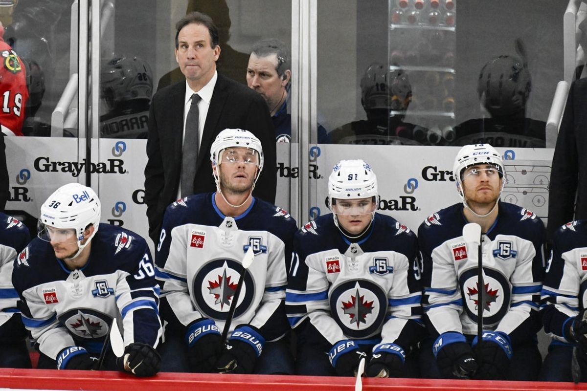 Jan 19, 2026; Chicago, Illinois, USA;  Winnipeg Jets head coach Scott Arniel looks on from the bench during the third period against the Chicago Blackhawks at United Center. Mandatory Credit: Matt Marton-Imagn Images