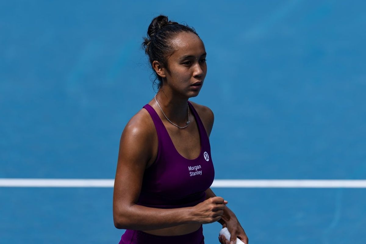 Jan 20, 2026; Melbourne, Victoria, Australia; Leylah Fernandez of Canada in action against Janice Tjen of Indonesia in the first round of the women’s singles at the Australian Open at ANZ Arena in Melbourne Park. Mandatory Credit: Mike Frey-Imagn Images
