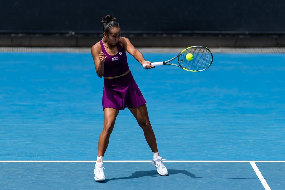 Jan 20, 2026; Melbourne, Victoria, Australia; Leylah Fernandez of Canada in action against Janice Tjen of Indonesia in the first round of the women’s singles at the Australian Open at ANZ Arena in Melbourne Park. Mandatory Credit: Mike Frey-Imagn Images