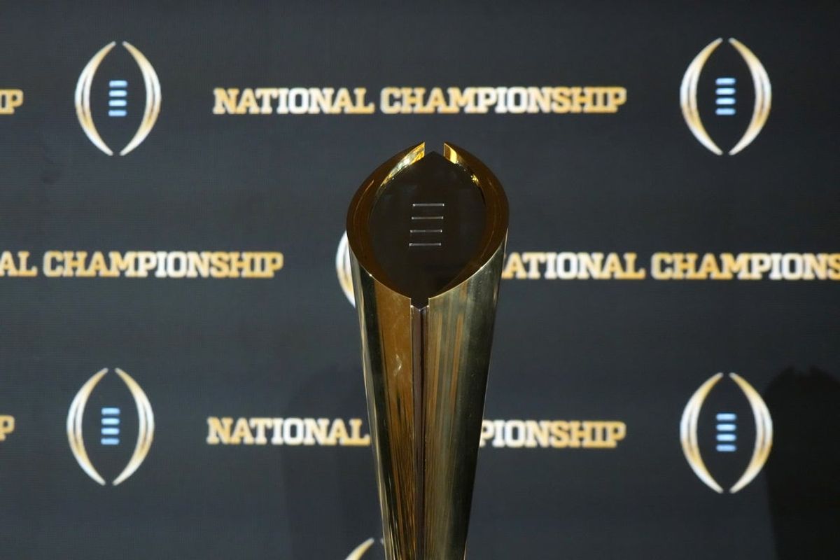 Jan 20, 2026; Miami, FL, USA; The College Football Playoff national champoin trophy at the CFP Champions press conference at Marriott Marquis Miami. Mandatory Credit: Kirby Lee-Imagn Images