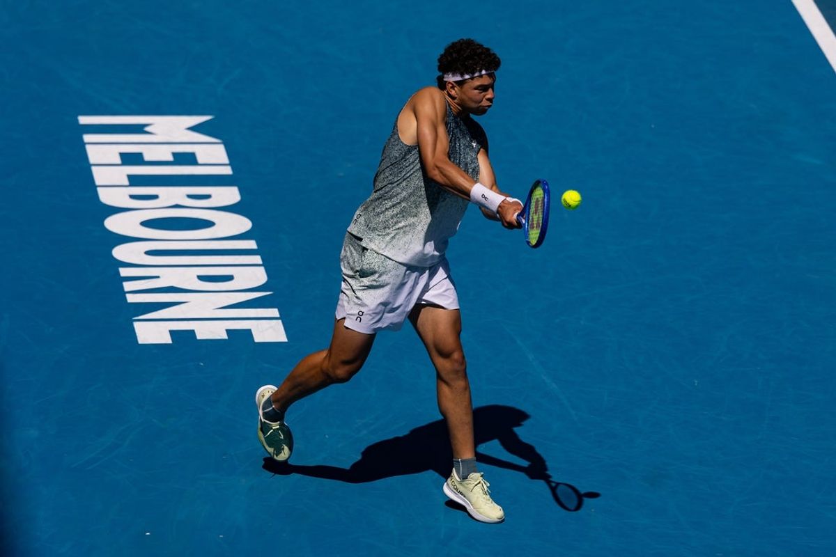 Jan 20, 2026; Melbourne, Victoria, Australia; Ben Shelton of United States in action against Ugo Humbert of France in the first round of the menís singles at the Australian Open at Rod Laver Arena in Melbourne Park. Mandatory Credit: Mike Frey-Imagn Images